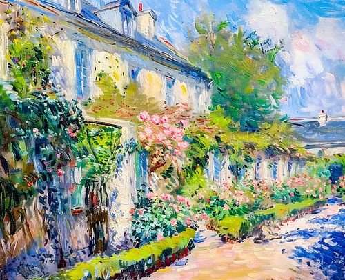 Impressionistische rozen op de muur van een tuinhuisje