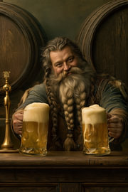 Wikinger mit Bier – Fröhliches Porträt in Goldbraun von Peter Pen Zeichnungen und Gemälde