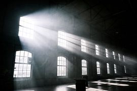Sunlight shines through the windows of an abandoned industrial building