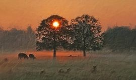 Sonnenaufgang über nebliger Landschaft von Hille Bouma
