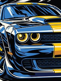 Retro Blue Muscle Car Front Pop Art Portrait by Ramy Salah Hefny