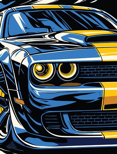 Retro blauwe muscle car popartportret aan de voorkant