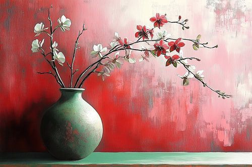 Blumenvase | Zarte Zweige auf Rot