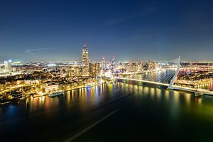 Rotterdam skyline nighttime panorama view at Erasmusbrug over th
