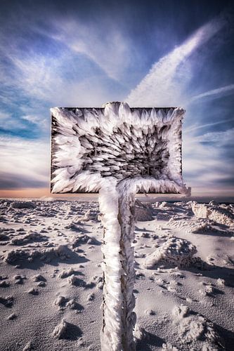 Signpost on the Brocken is iced up