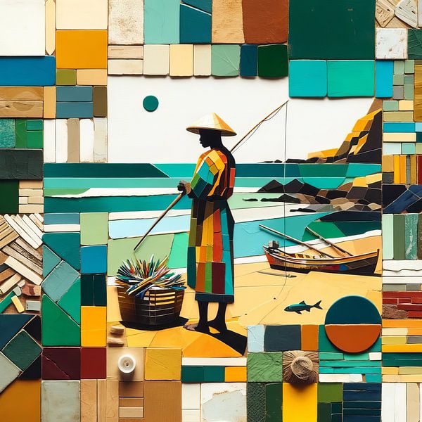 Collage of fisherman somewhere on beach in Africa by Lois Diallo