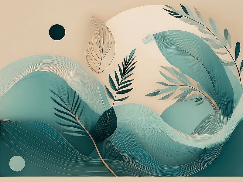 Abstract Nature Waves with Leaves – Minimalist Modern Art by Ruliyreed