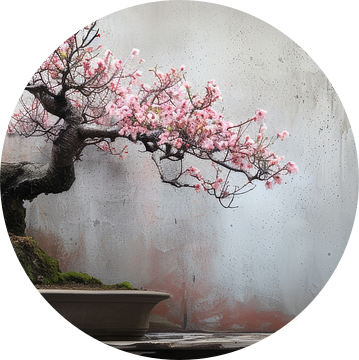 Bonsai panorama minimalistisch stilleven met roze bloesem van Digitale Schilderijen
