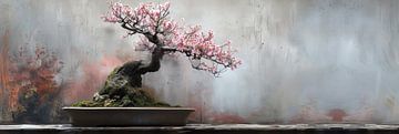 Bonsai panorama minimalistisch stilleven met roze bloesem van Digitale Schilderijen