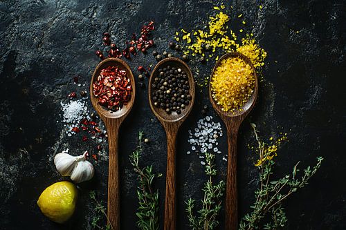 Kruiden en specerijen in houten lepels