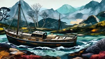 Vissersboot in een woeste rivier van Nick Wendt