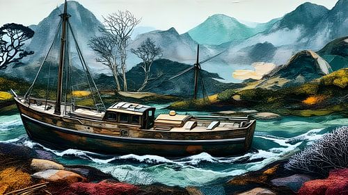 Fishing boat in a raging river