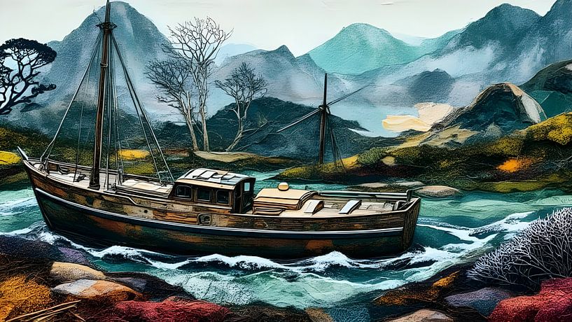 Vissersboot in een woeste rivier van Nick Wendt