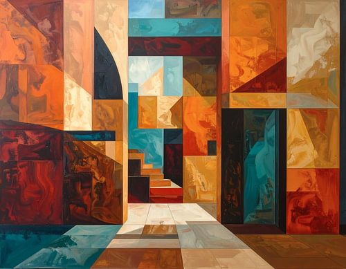 Blokken in de straat in oranje rood blauw en geel