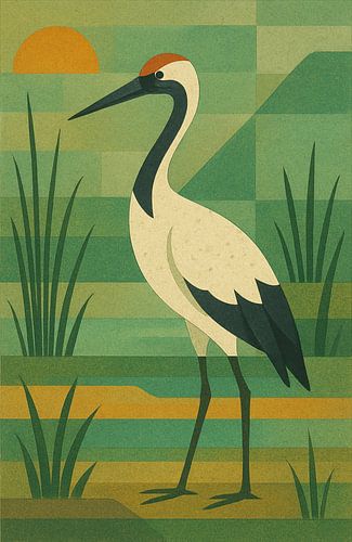 Een geometrisch kunstwerk van een kraanvogel.