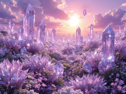 Kristallblumen im Morgenlicht – Magische Fantasielandschaft von Infinite Artscape