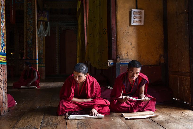 Jonge monniken in gebed ruimte in Dzong van Trongsa Bhutan. Wout Kok One2expose van Wout Kok