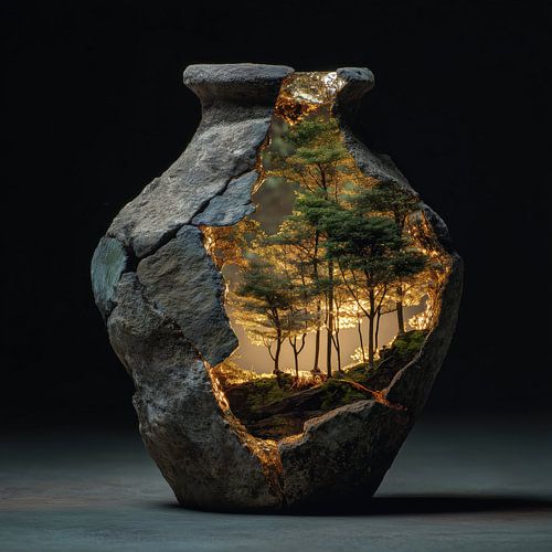 Des arbres verts dans un vase ébréché