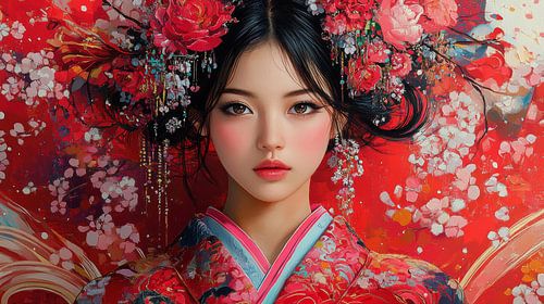 Japanische Frau im roten Kimono