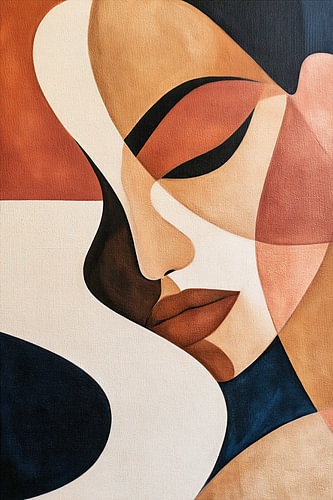 Grafische Elegantie - Modern Abstract Vrouwenportret met Terracotta
