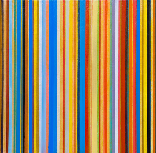 Strepen abstract met blauw en oranje van Anja Namink - Schilderijen