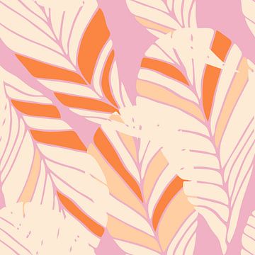 Blätter im Boho-Stil in Retro-Farben. Moderne botanische Kunst in Beige, Orange auf Neon-Pink von Dina Dankers