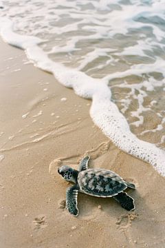 Kleine schildpad op het strand van Poster Art Shop
