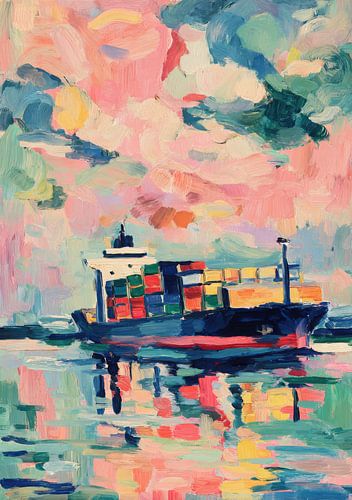 Coloured container ship on water