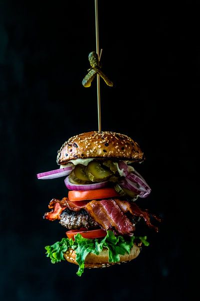 Hanging gourmet burger - Delicious and fresh by Poster Art Shop