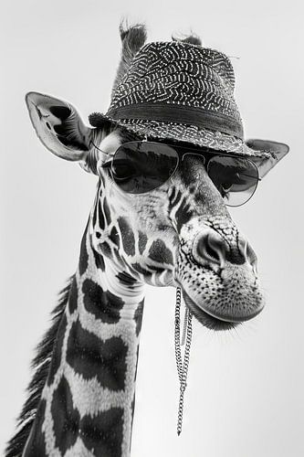 Giraffe met zonnebril en hoed in een studioportret