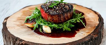 Juicy fillet of beef on a wooden platter by Poster Art Shop