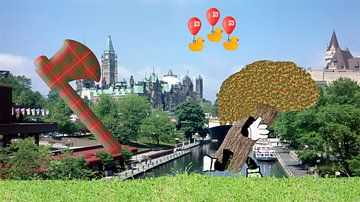 A lumberjack chases a tamarack tree across Montreal as helium ducks fly overhead. van Grüntyers .