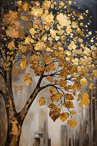 Golden Tree in Abstract Cityscape