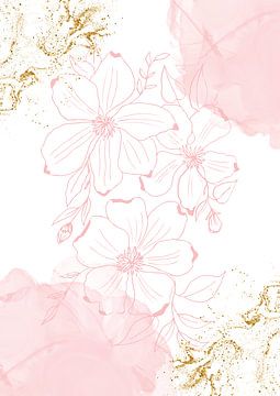 Blush Floral Line Art with Gold Accents by SoftNature Patterns