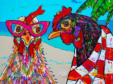 Kippen op het strand van Happy Paintings