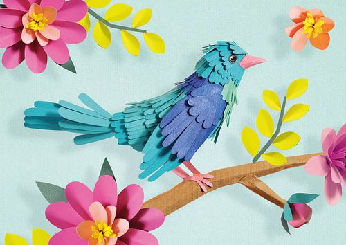Vogel op bloesemtakje van Lonneke Leever