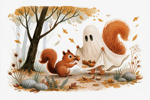 Woodland Friends – Geist und Eichhörnchen sammeln Nüsse im skandinavischen Herbstwald
