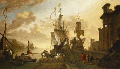 Italianate Harbour Scene with the Monument of Ferdinand I de’ Medici at Leghorn, Hendrik van Minderh