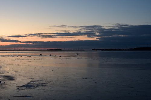 Zicht over bevroren Wolderwijd in de avond