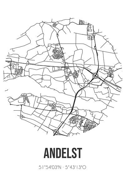 Andelst (Gelderland) | Map | Black and White by Prints of Place