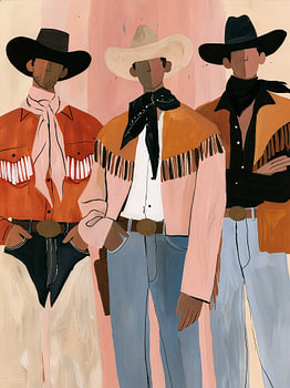 Drie stijlvolle cowboys in moderne western kleuren