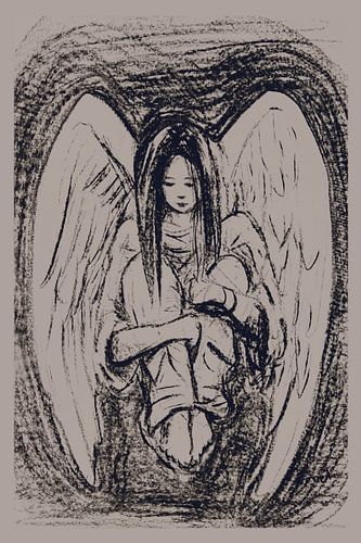 houtskool tekening engel met opgetrokken knieen