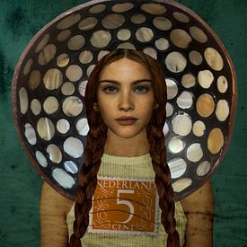 Portrait d'art « "Zeeuws meisje" » – Mosaïque de timbres orange sur Yvonne Zeldenthuis
