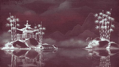Oriental landscape: Japanese pagoda on a rocky island in aubergine colour