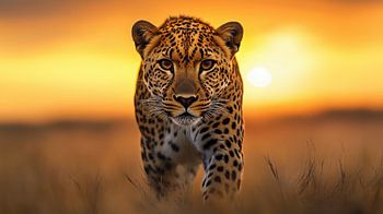 Majestueus luipaard loopt naar camera tijdens zonsondergang in savanne