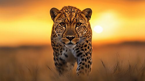 Majestic Leopard Walking Towards Camera During Sunset in Savanna