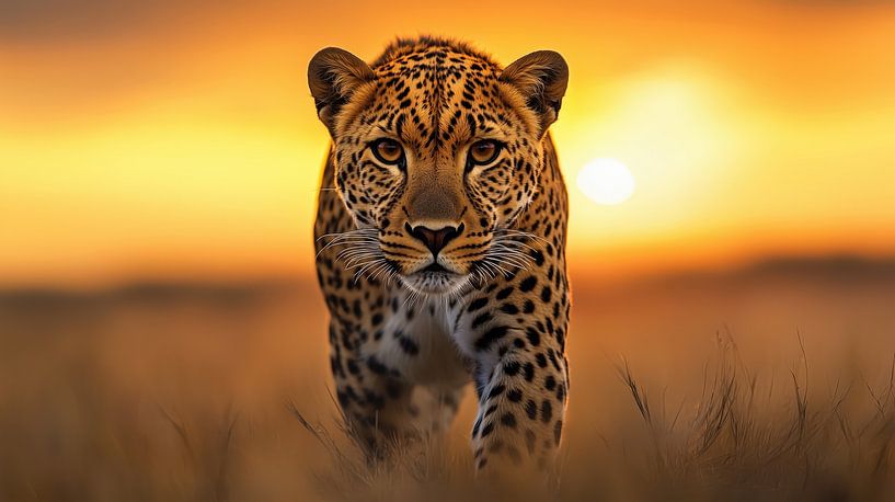 Majestic Leopard Walking Towards Camera During Sunset in Savanna by Beeld Creaties Ed Steenhoek | Photography and Artificial Images