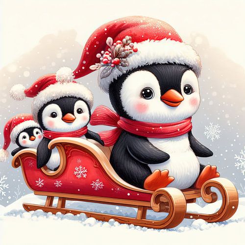 3 cute penguins in a sleigh