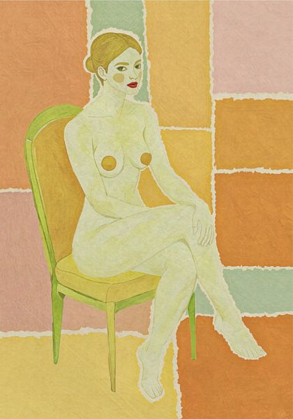 Moderne Pop Art Nackte Frau im Stuhl, Retro-Farbpalette von Hecate Pim