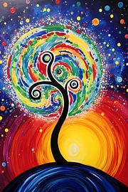 Minimalistisch schilderij met boom en zon van Art & Soul Creations